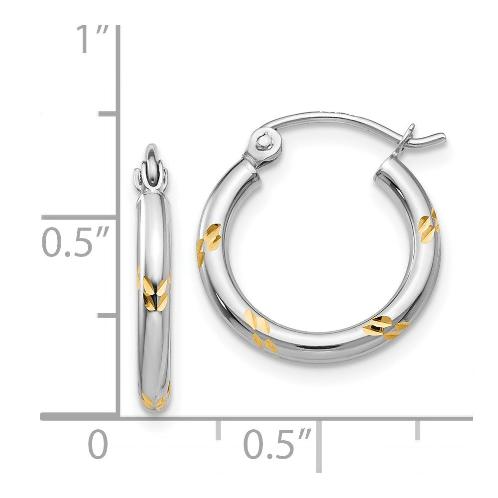 14K White Gold and Yellow Rhodium Diamond-cut Hoop Earrings