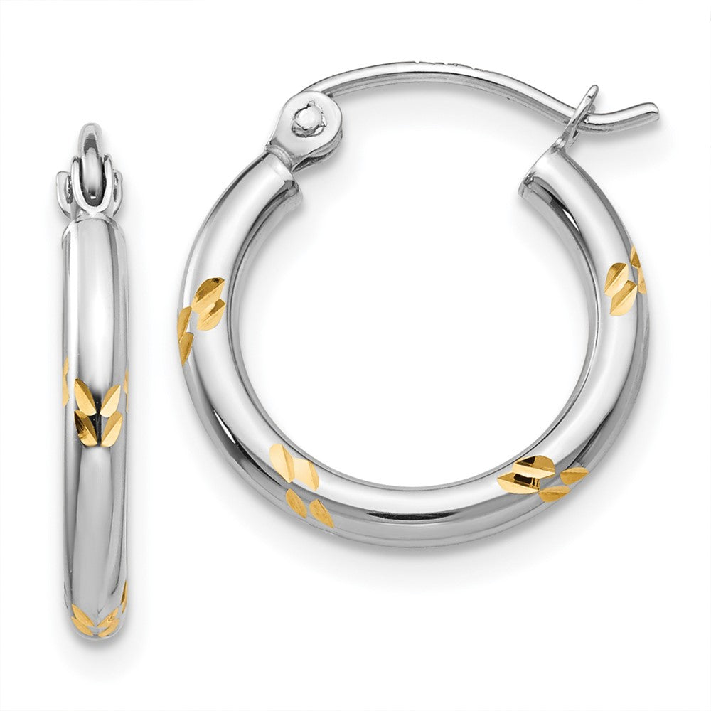 14K White Gold and Yellow Rhodium Diamond-cut Hoop Earrings