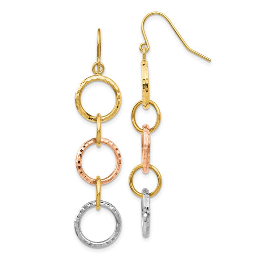 14K Tri-Color Gold Diamond-cut Circle Dangle Earrings