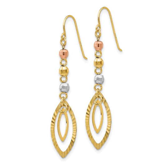 14K Tri-Color Gold Diamond-cut Bead Oval Dangle Earrings