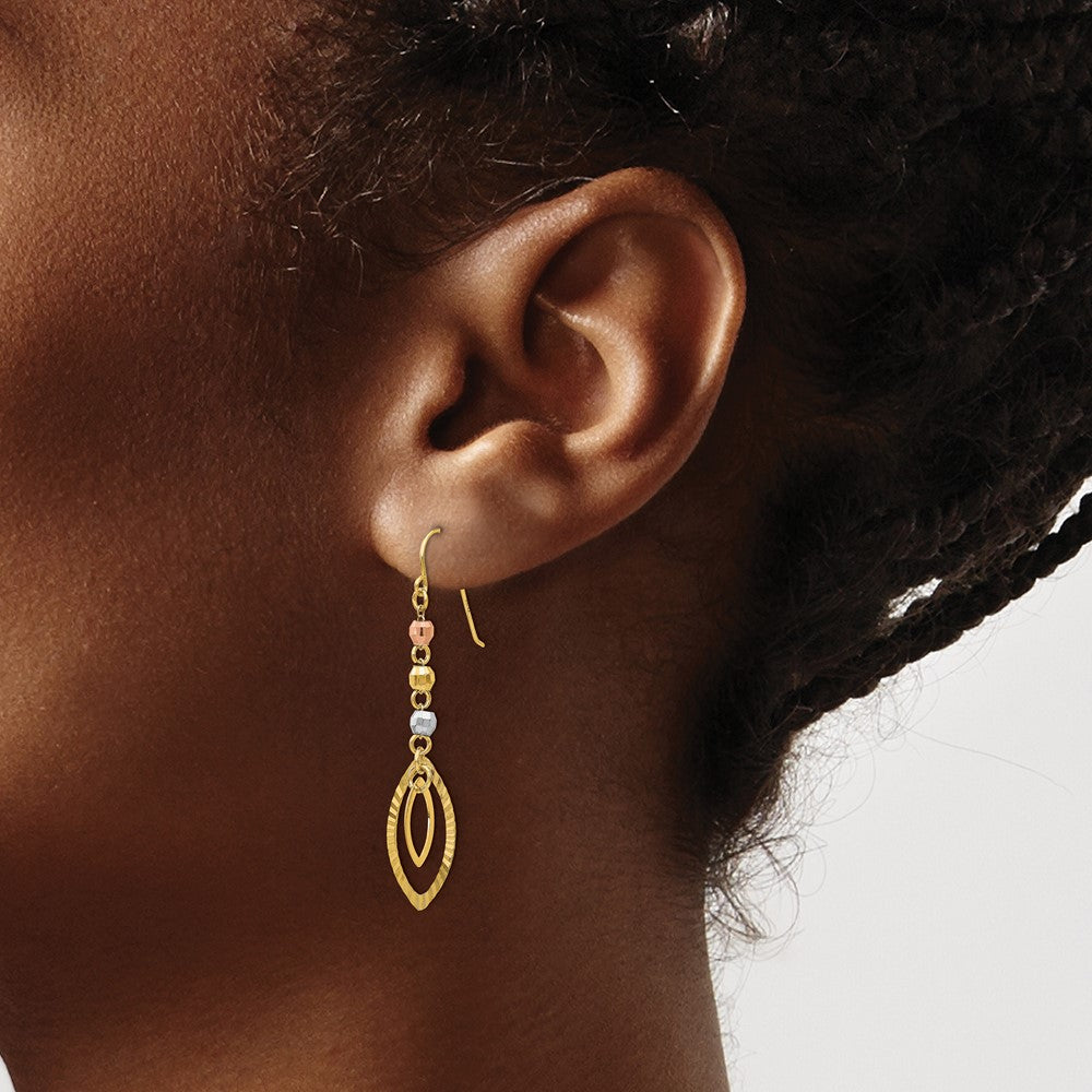 14K Tri-Color Gold Diamond-cut Bead Oval Dangle Earrings
