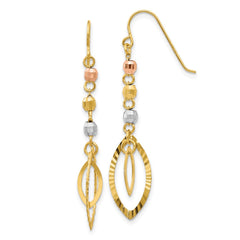 14K Tri-Color Gold Diamond-cut Bead Oval Dangle Earrings