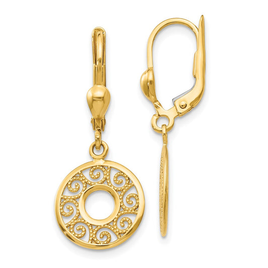 14K Yellow Gold Leverback Filigree Earrings