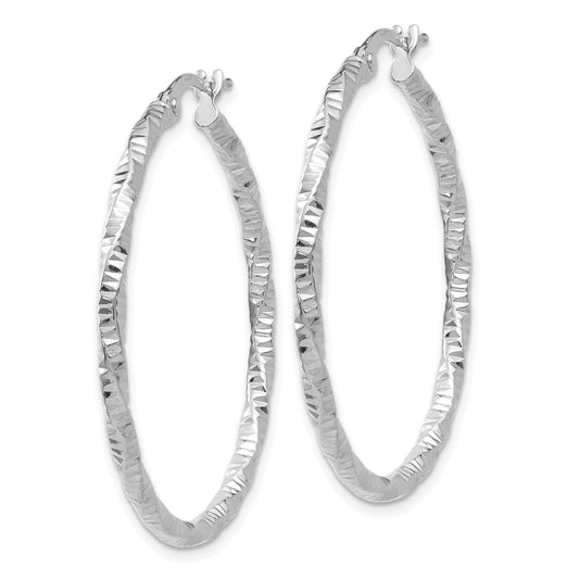 14K White Gold Polished and Textured Hoop Earrings