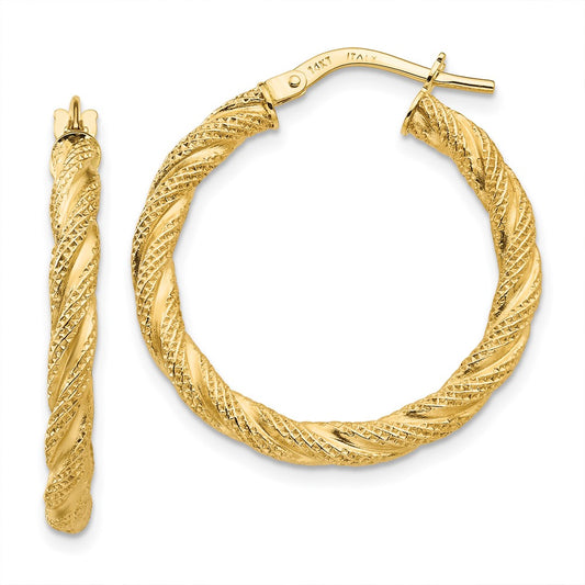 14K Yellow Gold Twisted Textured Hoop Earrings