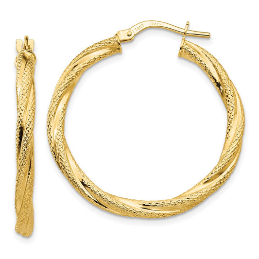 14K Yellow Gold Twisted Textured Hoop Earrings