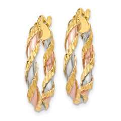 14K Tri-Color Gold Textured Twisted Hoop Earrings