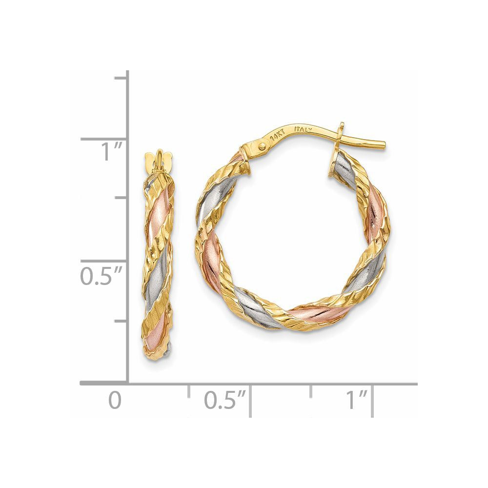 14K Tri-Color Gold Textured Twisted Hoop Earrings