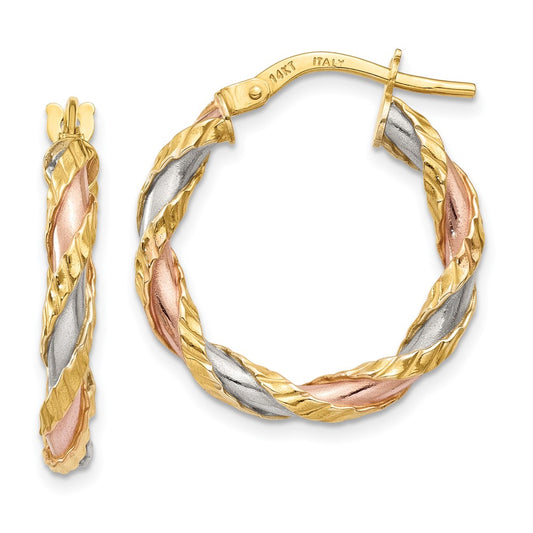 14K Tri-Color Gold Textured Twisted Hoop Earrings