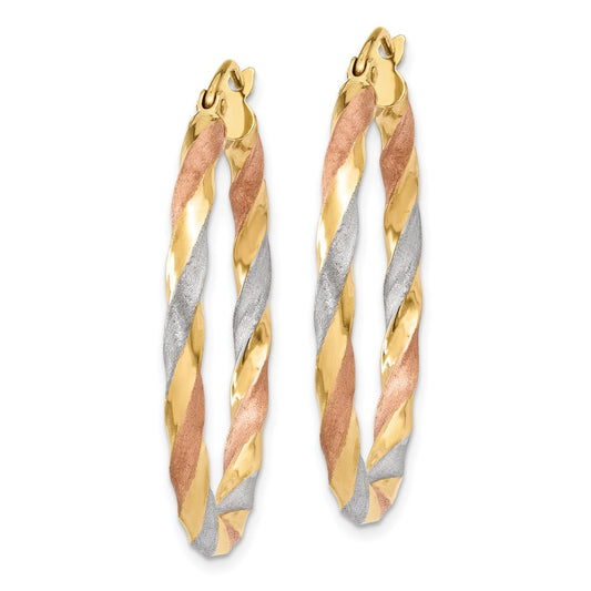 14K Tri-Color Gold Satin Twisted Hoop Earrings