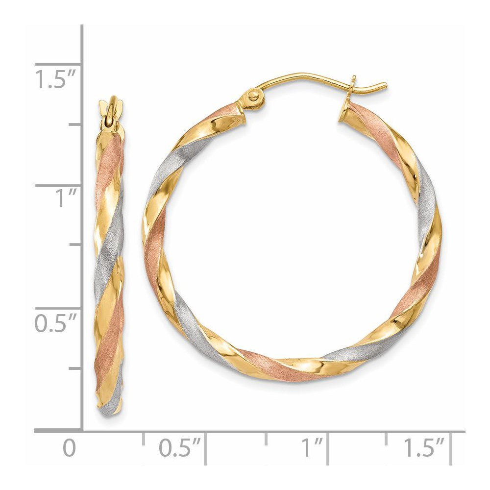 14K Tri-Color Gold Satin Twisted Hoop Earrings