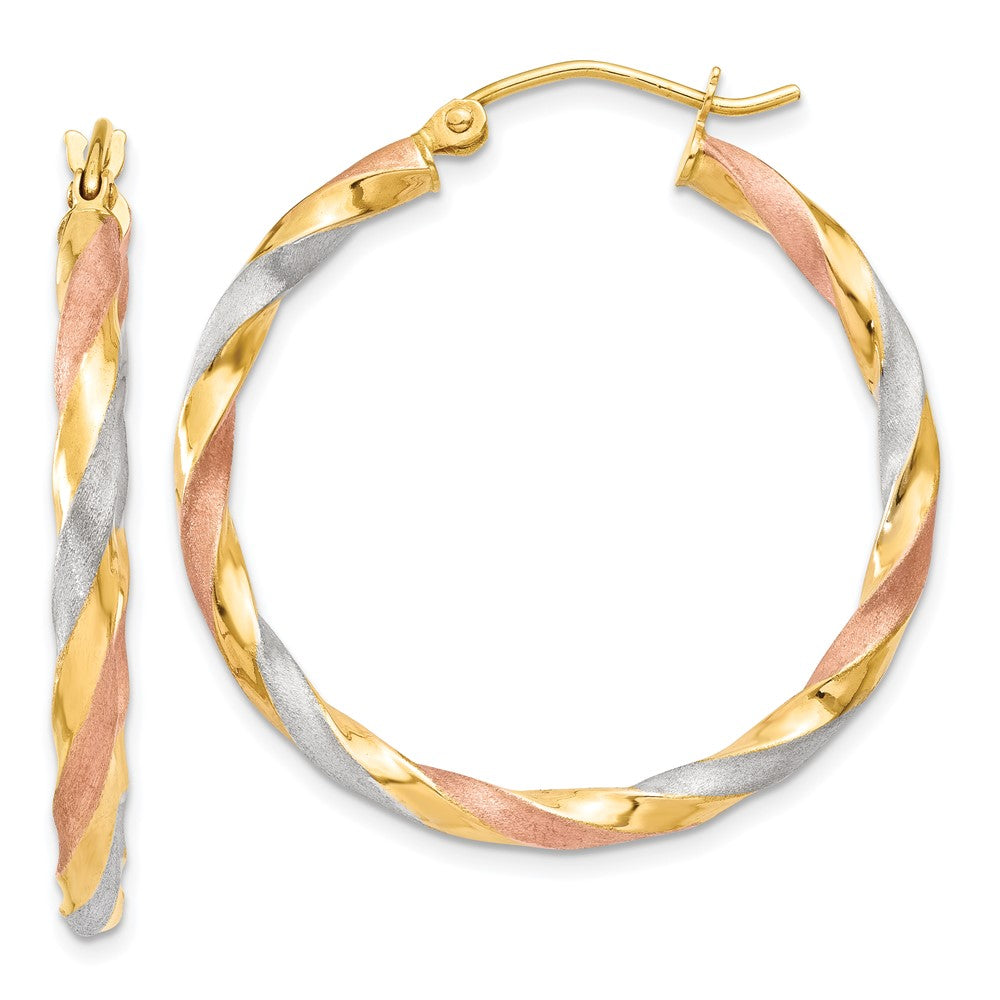 14K Tri-Color Gold Satin Twisted Hoop Earrings