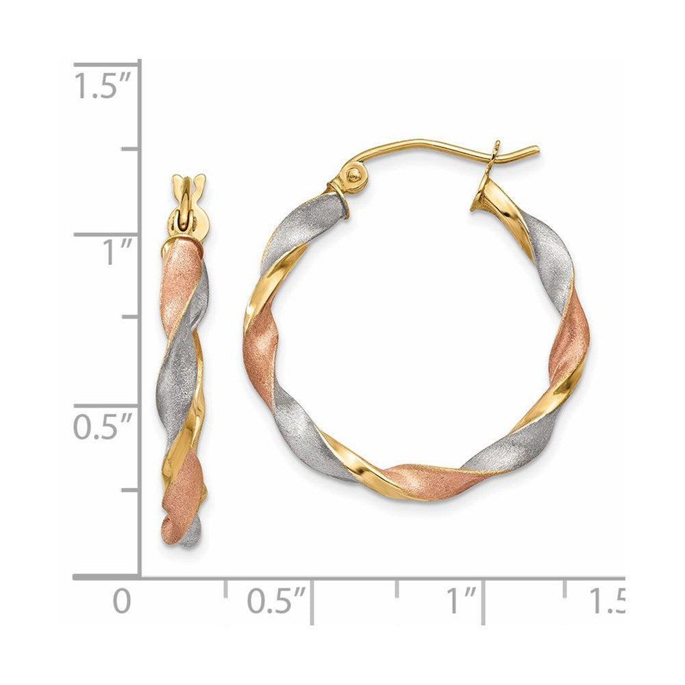 14K Tri-Color Gold Satin Twisted Hoop Earrings