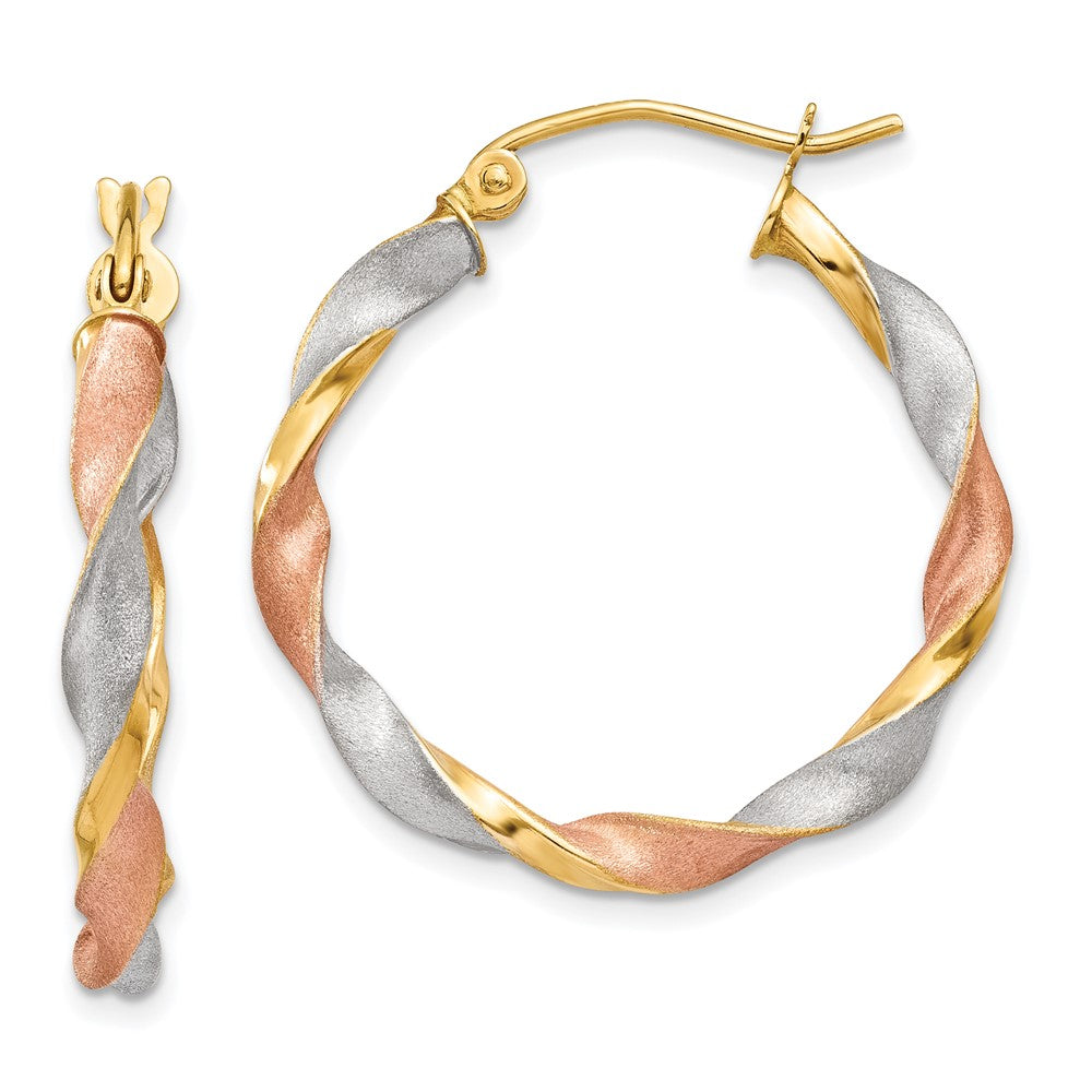 14K Tri-Color Gold Satin Twisted Hoop Earrings