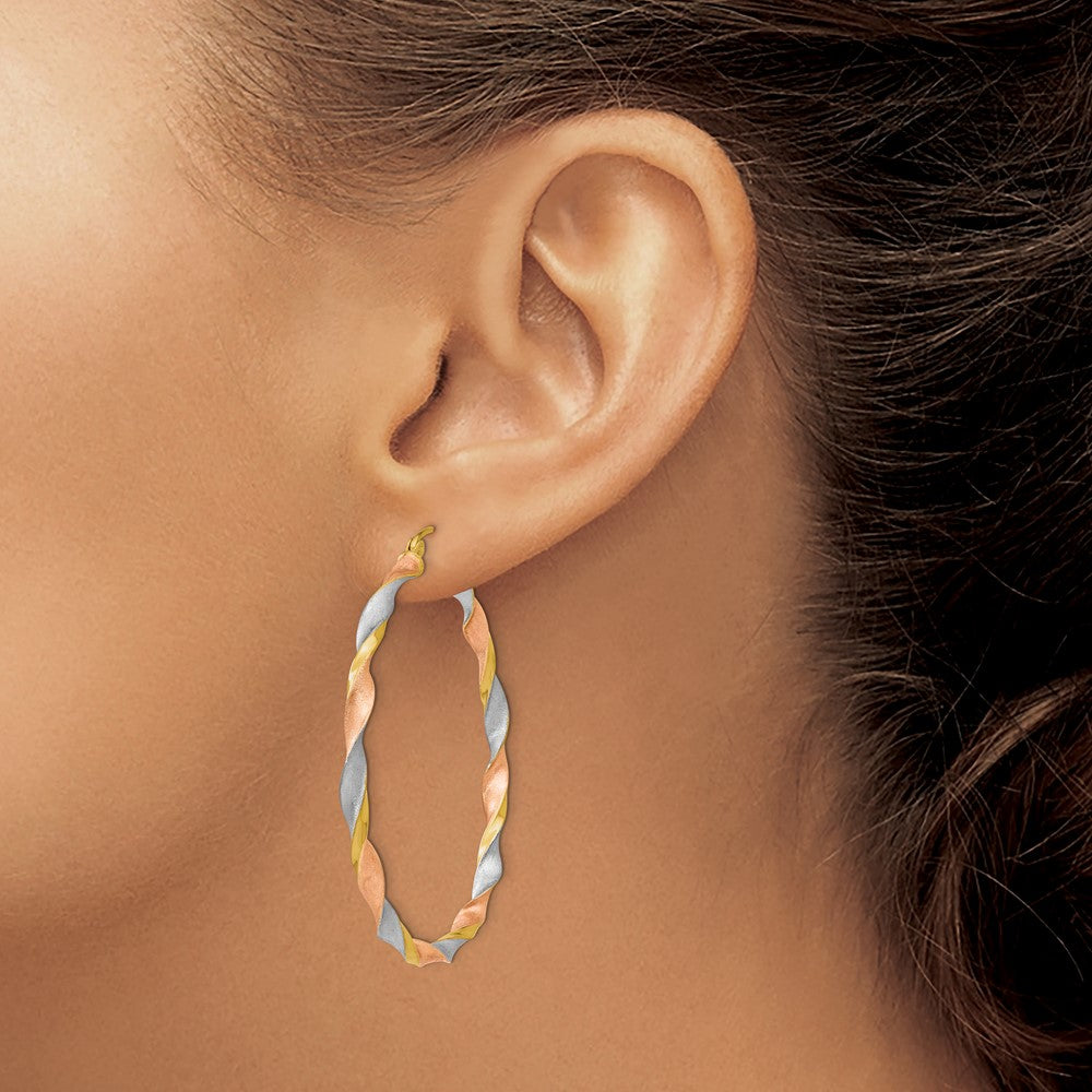 14K Tri-Color Gold Satin Twisted Hoop Earrings