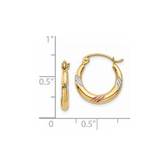 14K Tri-Color Gold Polished & Textured Hoop Earrings