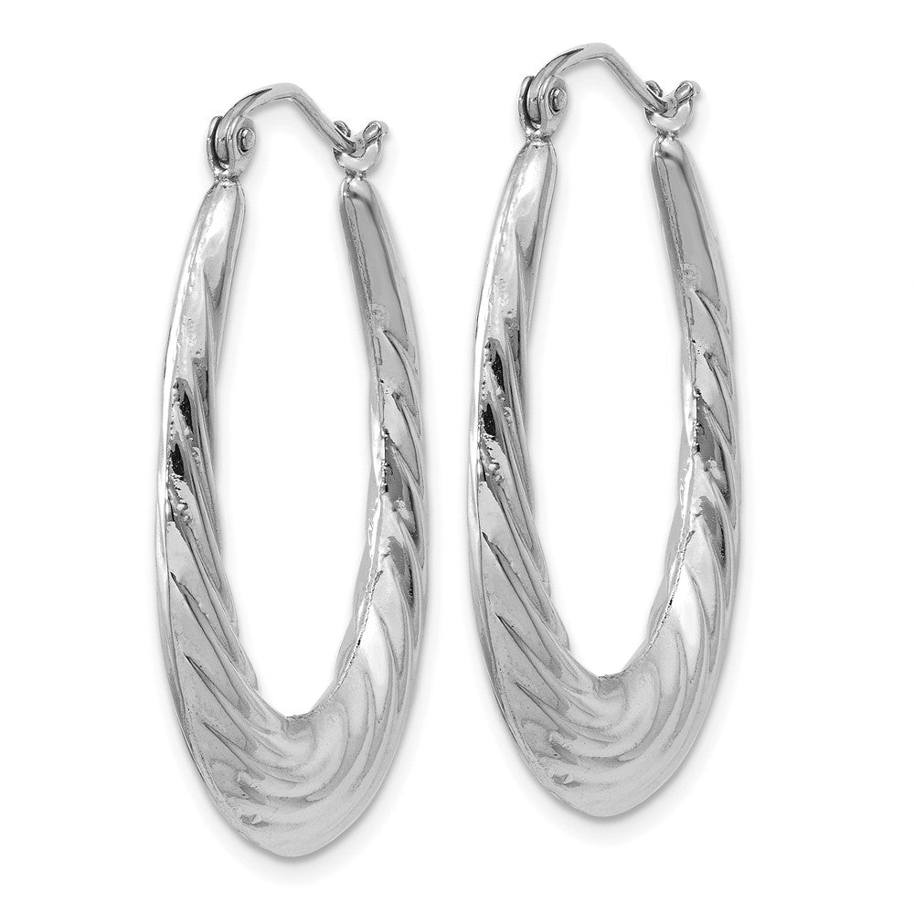 14K White Gold Polished and Textured Oval Hoop Earrings