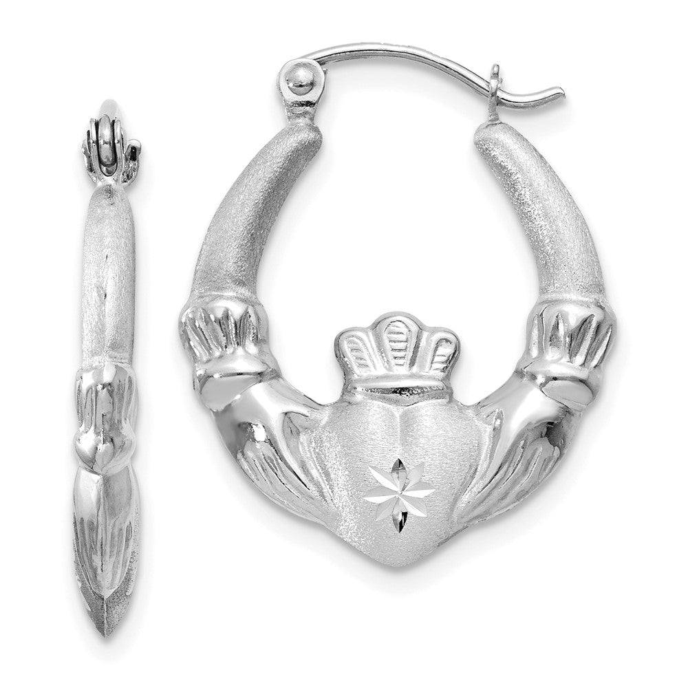 14K White Gold Satin and Diamond-cut Claddagh Hoop Earrings