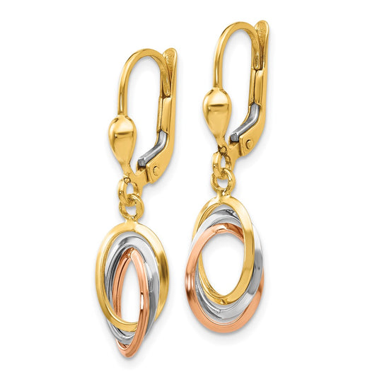14K Tri-Color Gold Polished Dangle Leverback Earrings