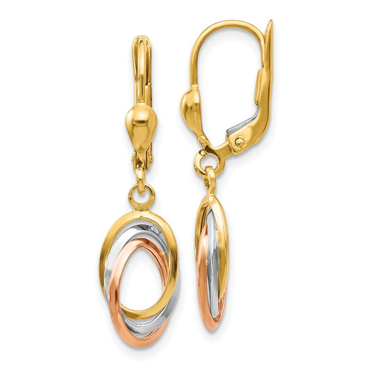 14K Tri-Color Gold Polished Dangle Leverback Earrings