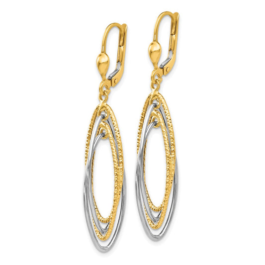 14K Two-Tone Gold Textured and Polished Dangle Leverback Earrings