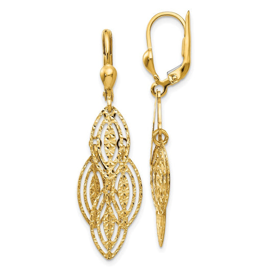 14K Yellow Gold Textured and Polished Dangle Leverback Earrings