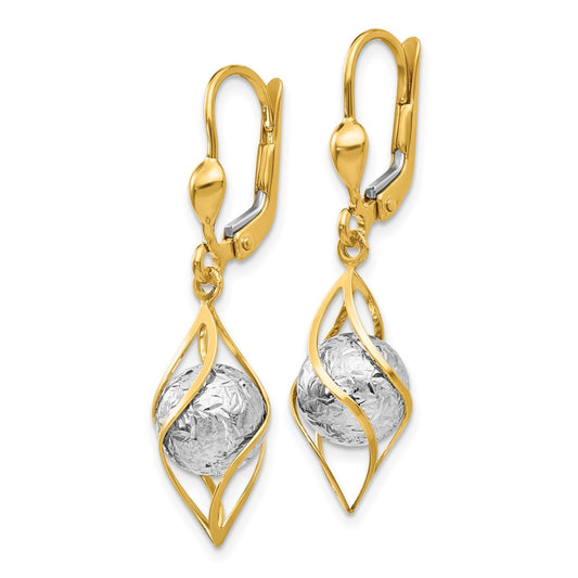 14K Two-Tone Gold Polished Diamond-cut Dangle Leverback Earrings