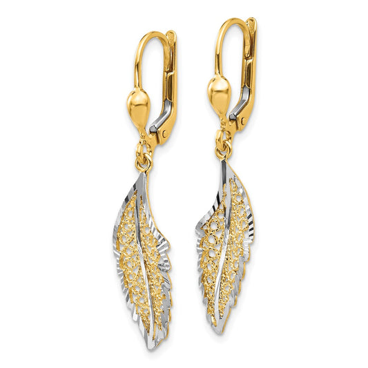 14K Two-Tone Gold Polished and Textured Leaf Leverback Earrings