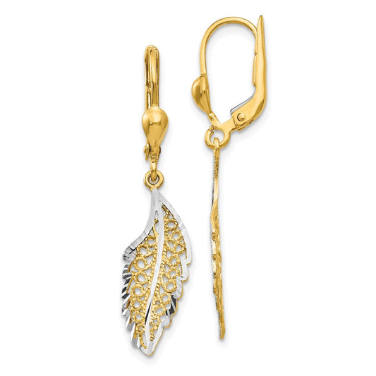 14K Two-Tone Gold Polished and Textured Leaf Leverback Earrings