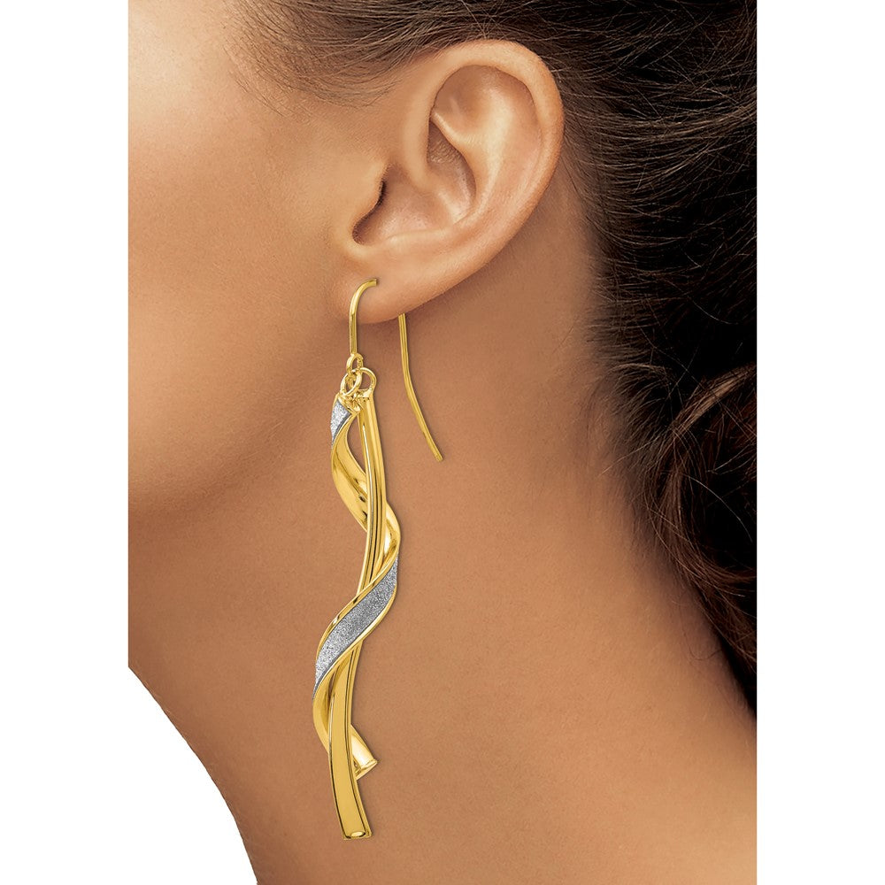14K Yellow Gold Polished Glitter Infused Spiral Dangle Earrings