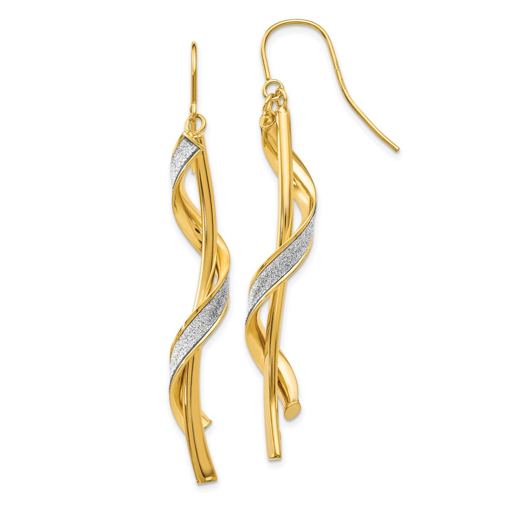 14K Yellow Gold Polished Glitter Infused Spiral Dangle Earrings