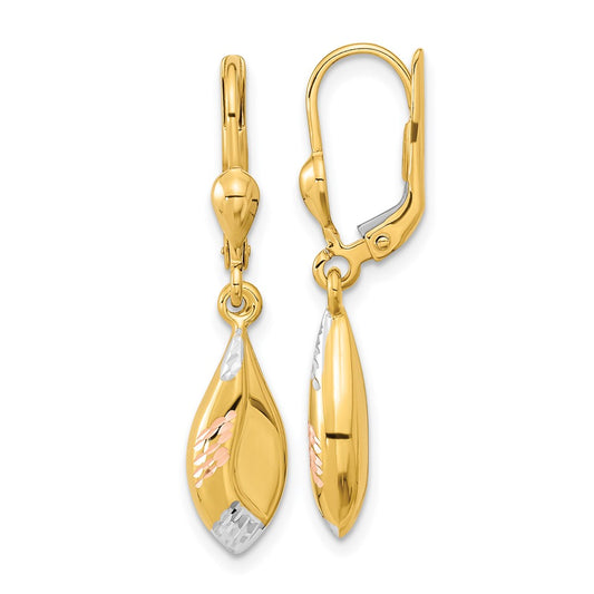 14K Tri-Color Gold Diamond-cut Dangle Leverback Earrings