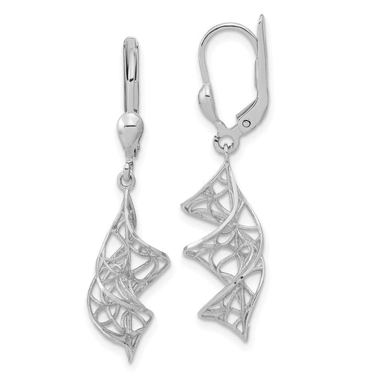 14K White Gold Polished Twisted Diamond-cut Dangle Leverback Earrings