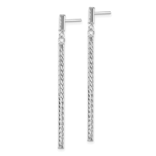 14K White Gold Polished and Diamond-cut Bar Dangle Post Earrings