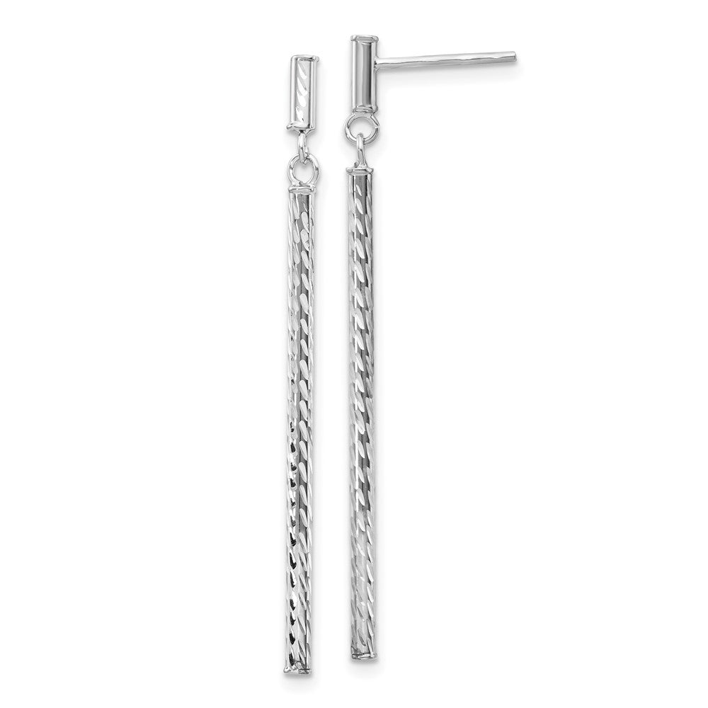 14K White Gold Polished and Diamond-cut Bar Dangle Post Earrings