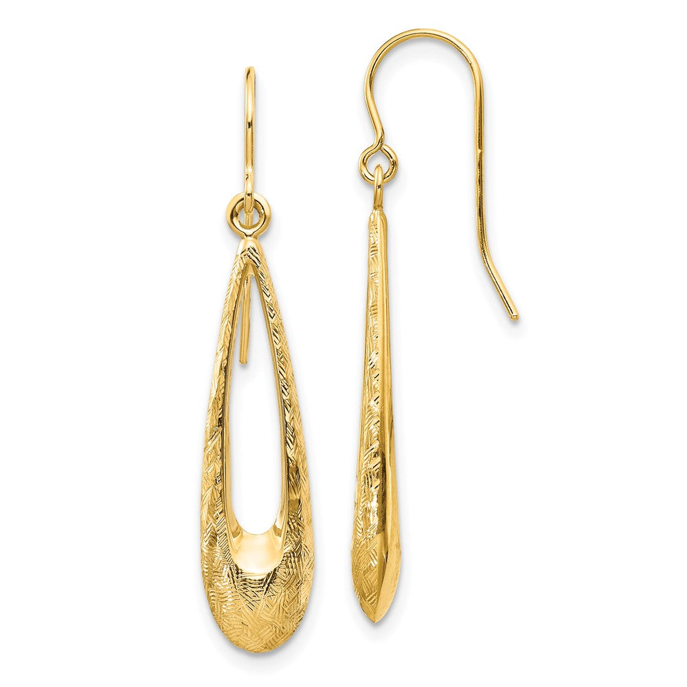 14K Yellow Gold Polished and Textured Teardrop Dangle Earrings