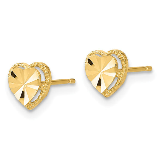 14K Yellow Gold Polished Diamond-cut Heart Post Earrings