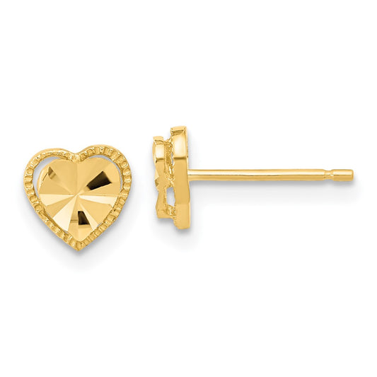 14K Yellow Gold Polished Diamond-cut Heart Post Earrings