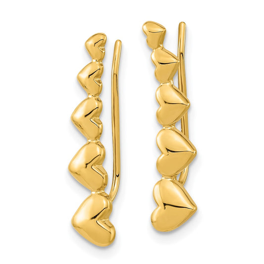 14K Yellow Gold Heart Polished Ear Climber Earrings