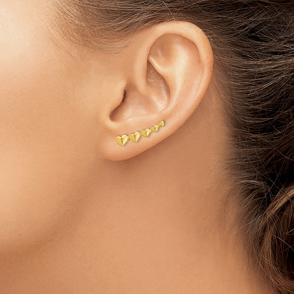 14K Yellow Gold Heart Polished Ear Climber Earrings