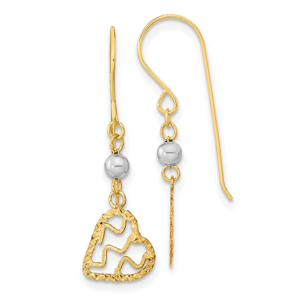 14K Two-Tone Gold Diamond-cut Heart Dangle Shepherd Hook Earrings