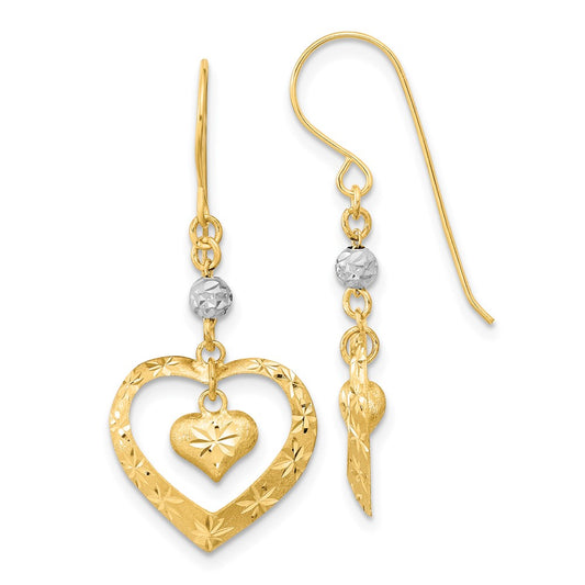 14K Two-Tone Gold Satin Diamond-cut Heart Dangle Shepherd Hook Earrings