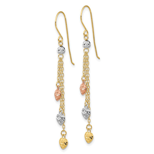 14K Tri-Color Gold Diamond-cut Triple Heart Dangle Shepherd Hook Earrings