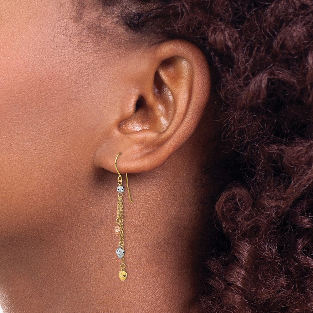 14K Tri-Color Gold Diamond-cut Triple Heart Dangle Shepherd Hook Earrings