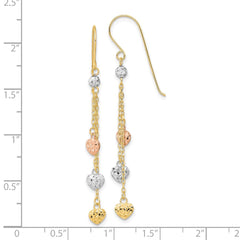 14K Tri-Color Gold Diamond-cut Triple Heart Dangle Shepherd Hook Earrings