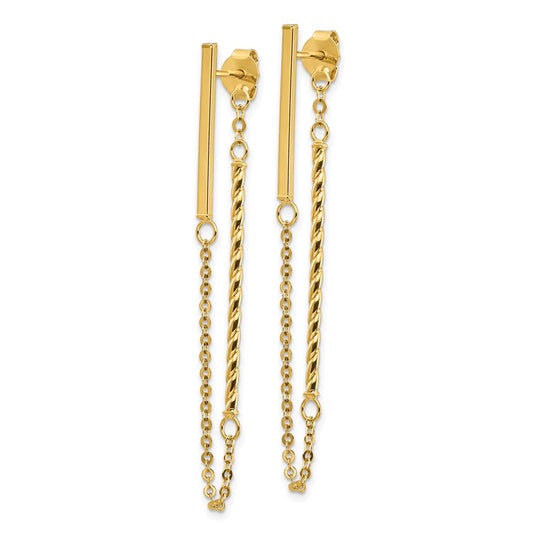 14K Yellow Gold Polished and Twisted Bar with Chain Post Earrings