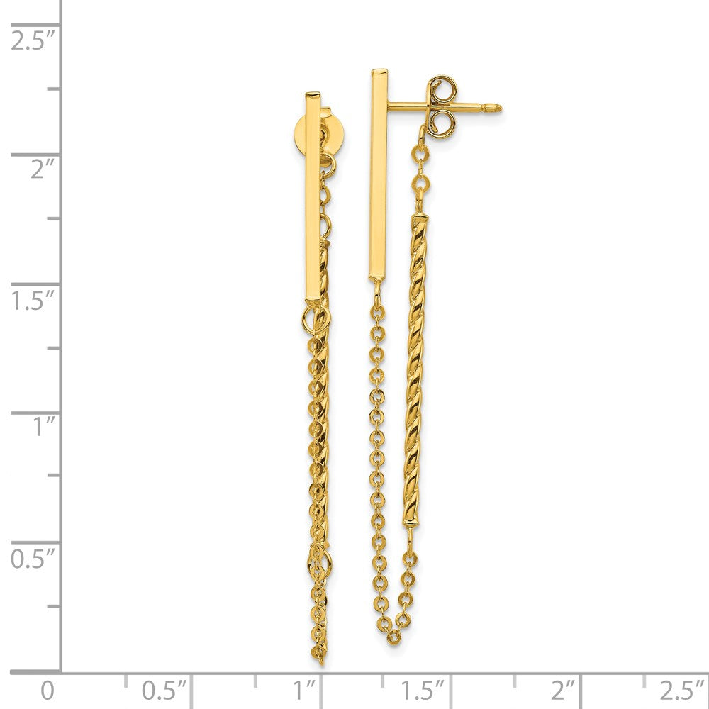 14K Yellow Gold Polished and Twisted Bar with Chain Post Earrings