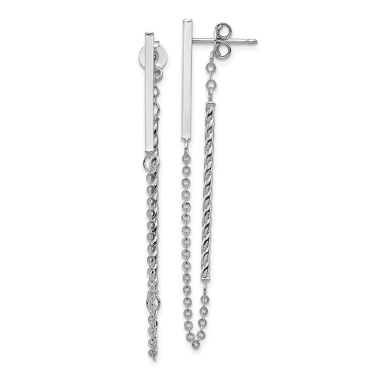 14K White Gold Polished and Twisted Bar with Chain Post Earrings