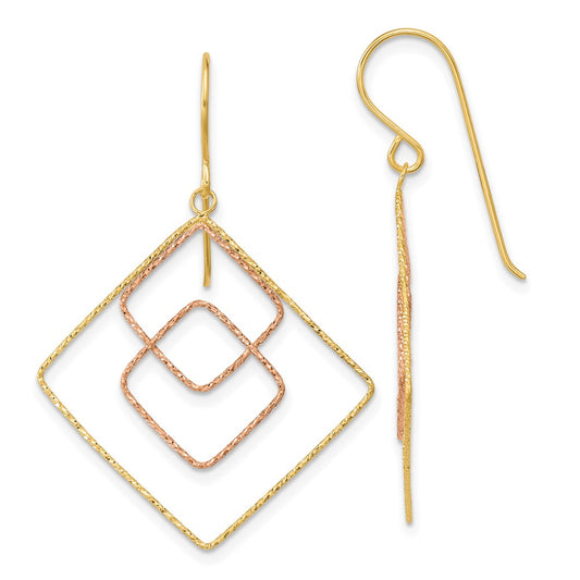 14K Two-Tone Gold Diamond-cut Graduated Square Shepherd Hook Earrings