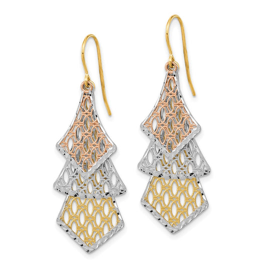 14K Tri-Color Gold Diamond-cut Polished Filigree Dangle Earrings